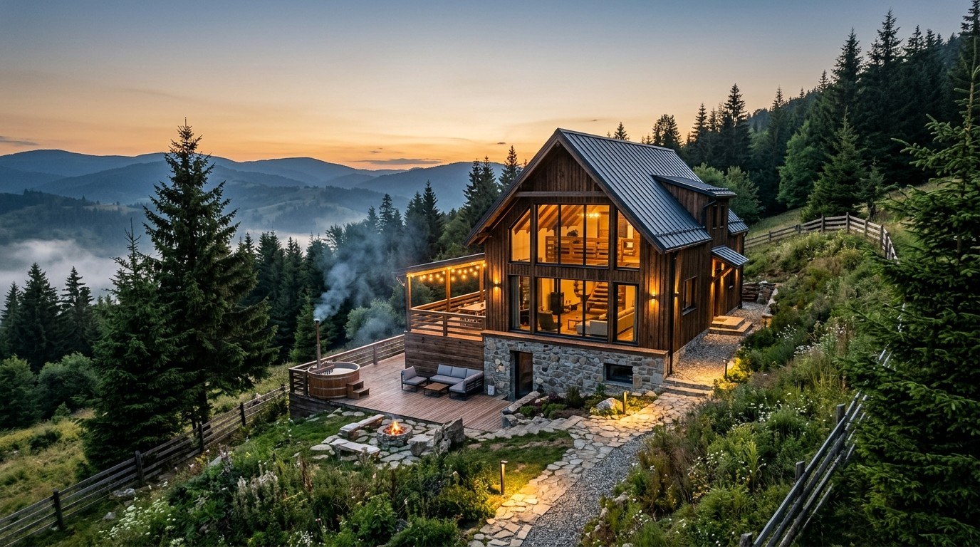Creste montane și pădure în lumina dimineții